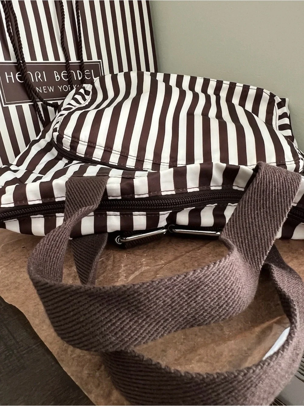 Henri Bendel Brown and White Striped packable backpack, lightweight, zip around